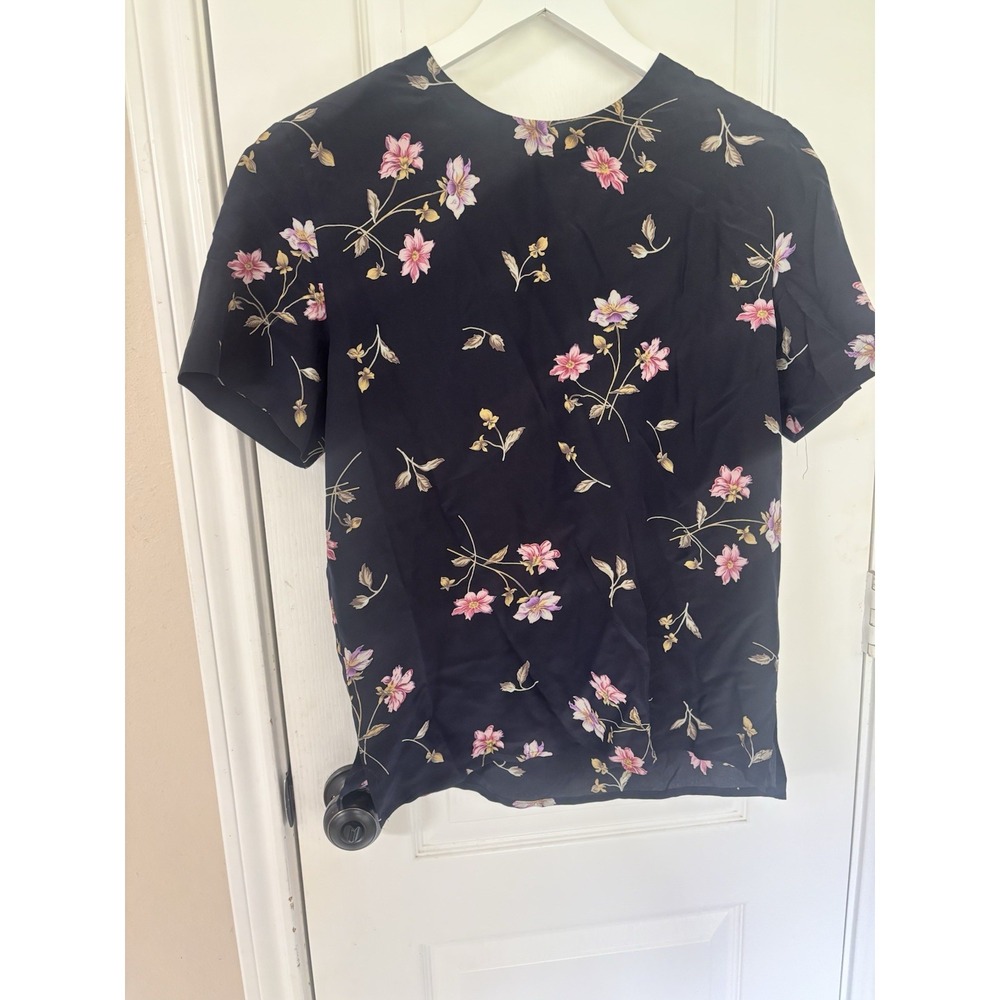 VTG Jones New York 100% Silk Floral Blouse Sz 8 Black Short Sleeve Shoulder Pads